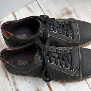 Johnston & Murphy Black Suede Lace-Up Sneakers with Brown Heel Trim